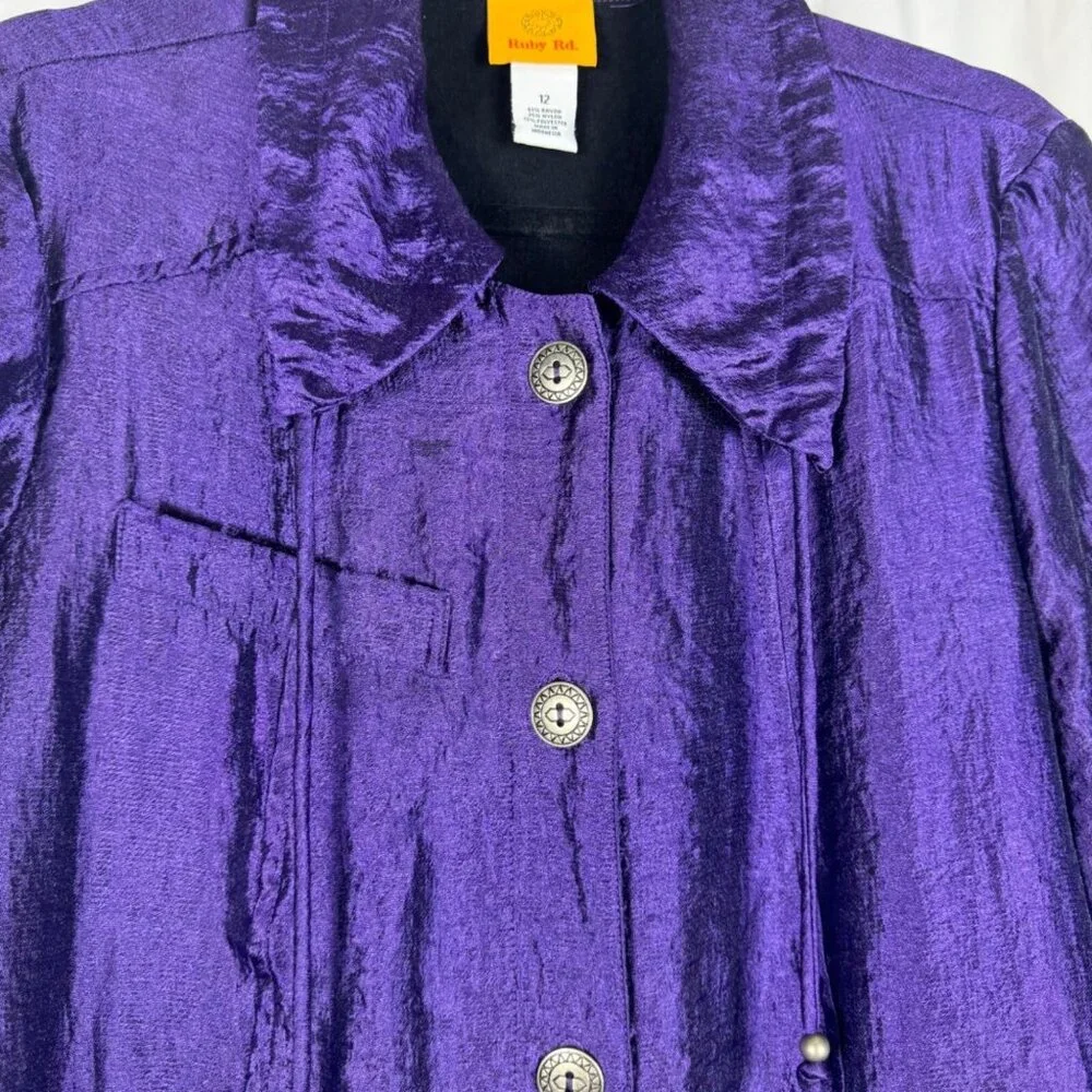 Ruby‎ Rd. Iridescent Purple Jacket Crinkle Texture Cropped Sleeves Buttons 12